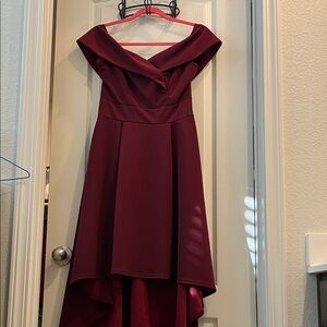 Elegant Burgundy Off-Shoulder Hi-Low Dress